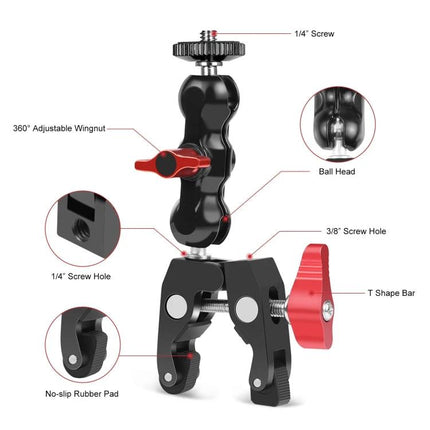 PULUZ Crab Pliers Clamp with Ball Mount for Photography Accessories - adjustable clamp for lights monitors on poles 13-30mm, ball head, 1/4" screw