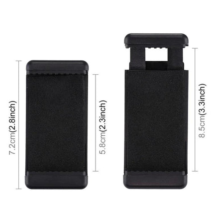 PULUZ Universal Smartphone Clamp for Tripods and Selfie Sticks showing adjustable width 5.8cm–8.5cm with foam padding for secure grip