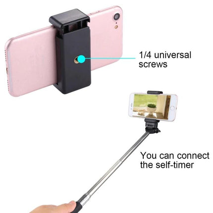PULUZ Universal Smartphone Clamp for Tripods and Selfie Sticks holding phone with 1/4 universal screw mounted on selfie stick