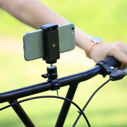 PULUZ Universal Smartphone Clamp for Tripods and Selfie Sticks mounted on bike handlebar holding a smartphone for stable outdoor video