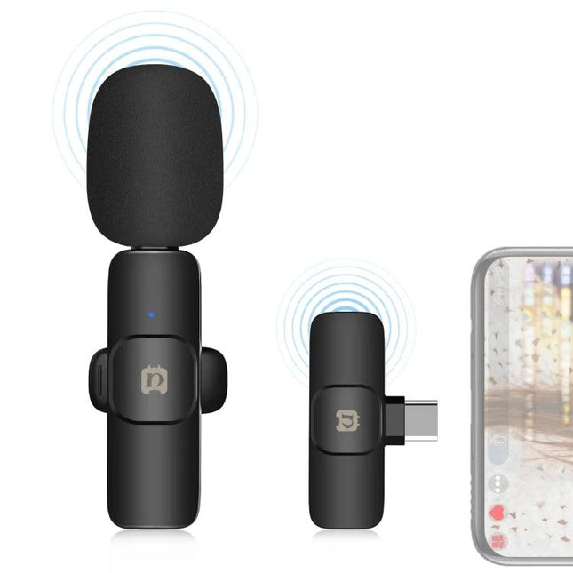 PULUZ Lavalier Microphone for On-the-Go Audio Recording — compact wireless lav mic clipped to clothing with USB-C receiver beside smartphone