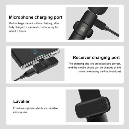 PULUZ Lavalier Microphone for On-the-Go Audio Recording showing microphone, receiver charging port, and lavalier clip for mobile vlogging
