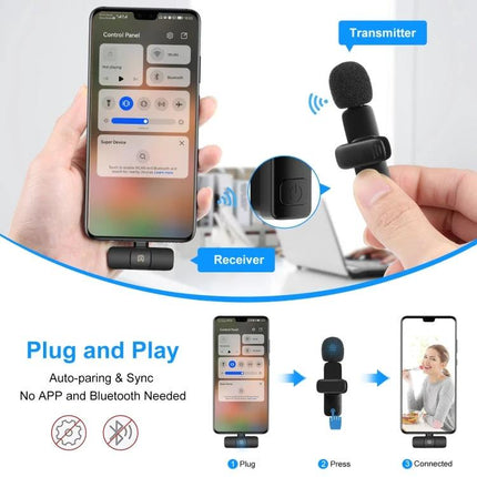 PULUZ Lavalier Microphone for On-the-Go Audio Recording wireless clip-on transmitter and receiver shown with Android phone for vlogging and interviews