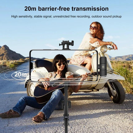 PULUZ Lavalier Microphone for On-the-Go Audio Recording clipped to phone mount capturing two people vlogging outdoors with 20m wireless range