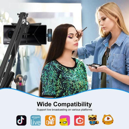 PULUZ Lavalier Microphone for On-the-Go Audio Recording clipped to stylist during salon makeup session, wireless mic for mobile vlogging and interviews