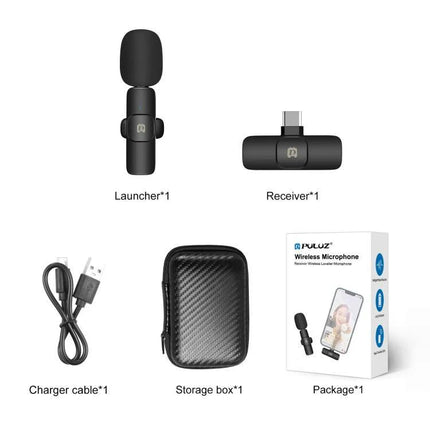 PULUZ Lavalier Microphone for On-the-Go Audio Recording compact wireless kit with launcher, receiver, USB charger, storage case and packaging