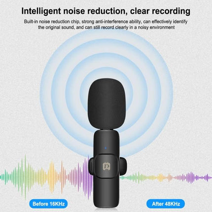PULUZ Lavalier Mic for Everyday Phone Audio Capture — black clip-on mic showing noise reduction and frequency response before 16KHz after 48KHz
