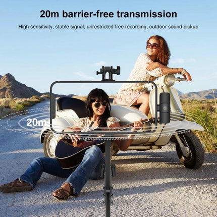 PULUZ Lavalier Mic for Everyday Phone Audio Capture — woman vlogging outdoors with mic clipped to clothing and scooter in background