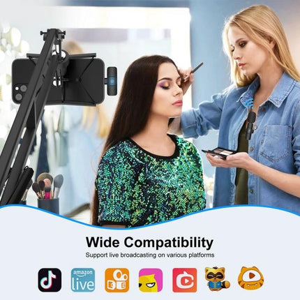 PULUZ Lavalier Mic for Everyday Phone Audio Capture clipped to stylist’s shirt while recording makeup tutorial with phone mount