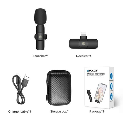 PULUZ Lavalier Mic for Everyday Phone Audio Capture - compact wireless kit with launcher, receiver, charger cable, carrying case and packaging