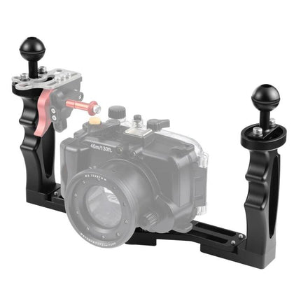 PULUZ Dual Handle Aluminum Tray for Underwater Photography showing dual-grip aluminum camera tray with ball mounts and housing attached