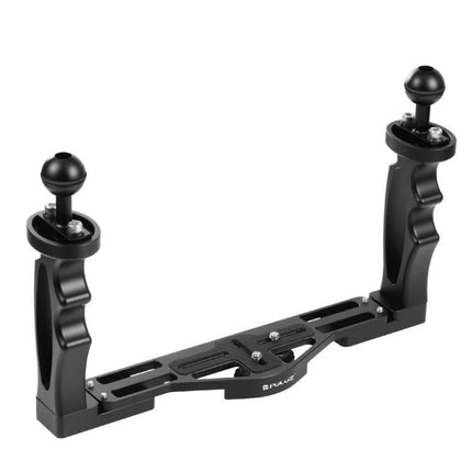 PULUZ Dual Handle Aluminum Tray for Underwater Photography shown with dual handles and ball mounts for lights and strobes, black aluminum tray