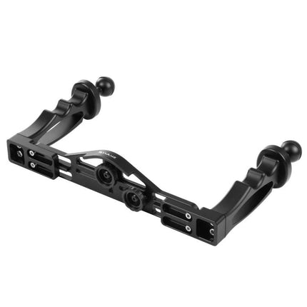 PULUZ Dual Handle Aluminum Tray for Underwater Photography showing black aluminum tray with dual handles and ball mounts for lights and strobes