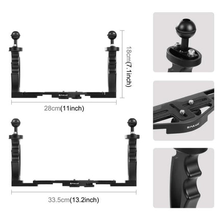 PULUZ Dual Handle Aluminum Tray for Underwater Photography - black aluminum dual-handle tray with ball mounts for lights, 28-33.5cm width