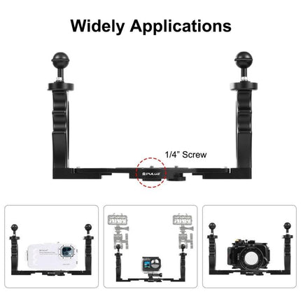 PULUZ Dual Handle Aluminum Tray for Underwater Photography with dual ball mounts and 1/4" screw for lights and strobes