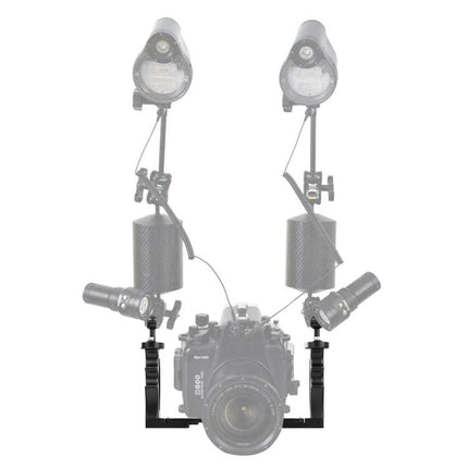 PULUZ Dual Handle Aluminum Tray for Underwater Photography mounted with camera housing and dual strobes on reef-diving rig