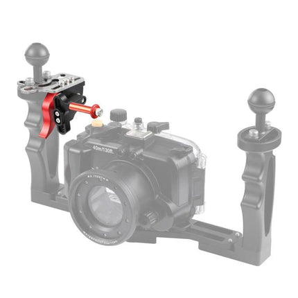 PULUZ Underwater Shutter Release Trigger Extension Adapter mounted on dual-handle underwater camera tray for easy remote shutter control