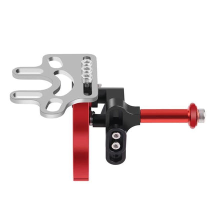 PULUZ Underwater Shutter Release Trigger Extension Adapter mounted on stabilizer tray showing red and silver aluminum components