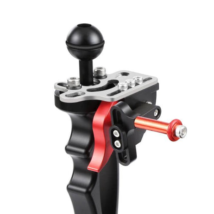 PULUZ Underwater Shutter Release Trigger Extension Adapter mounted on stabilizer tray with red clamp and ball mount for underwater camera control