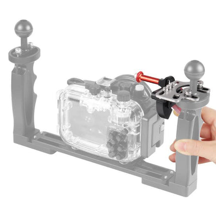 PULUZ Underwater Shutter Release Trigger Extension Adapter mounted on underwater camera tray for easy remote shooting