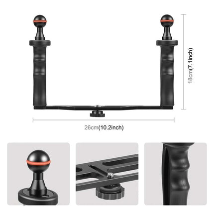 PULUZ Dual Handles Aluminum Alloy Tray for Underwater Cameras with dual grips, 1/4-inch screws and ball mounts for lights and accessories