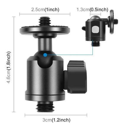 PULUZ Tripod Ball Head Adapter with Knob for Camera Adjustment - compact metal ball head with measurements, quick-release screw and tightening knob
