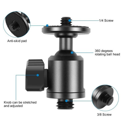 PULUZ Tripod Ball Head Adapter with Knob for Camera Adjustment showing 360° rotating ball head, 1/4" and 3/8" screws and anti-skid pad