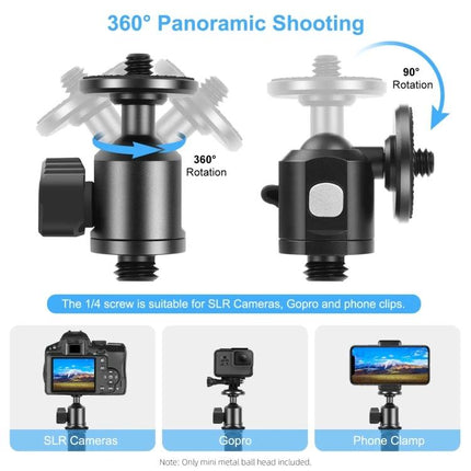 PULUZ Tripod Ball Head Adapter with Knob for Camera Adjustment mounted showing 360° rotation, 90° tilt, fits SLR, GoPro, phone clamp