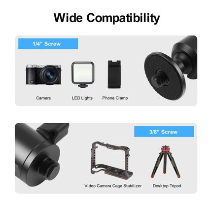 PULUZ Tripod Ball Head Adapter with Knob for Camera Adjustment shown with 1/4" and 3/8" screw compatibility for cameras, LED lights, phone clamps