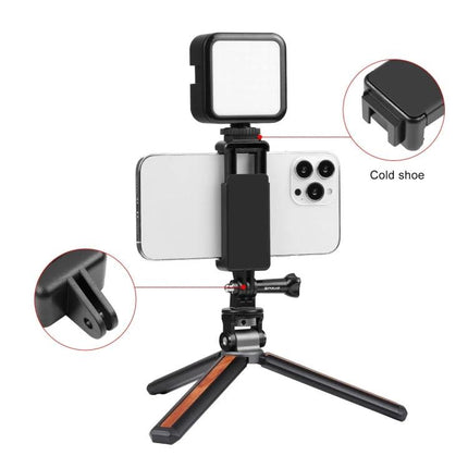 PULUZ Smartphone Tripod Mount Adapter for Everyday Photography mounted on tabletop tripod with phone and LED cold shoe light