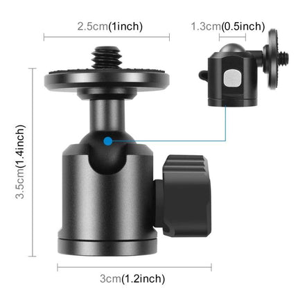 PULUZ Metal Tripod Ball Head Adapter for Camera Adjustments with Knob Lock showing compact ball head, knob lock and dimensions for travel and outdoor photography