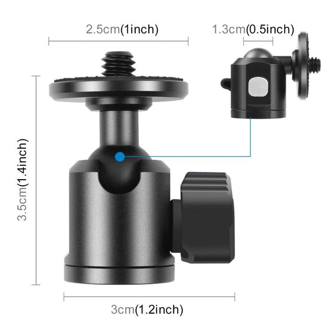 PULUZ Metal Tripod Ball Head Adapter for Camera Adjustments with Knob Lock showing compact ball head, knob lock and dimensions for travel and outdoor photography