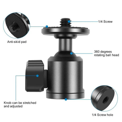 PULUZ Metal Tripod Ball Head Adapter for Camera Adjustments with Knob Lock shown with 360° rotating ball head and 1/4 screw