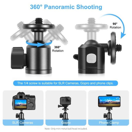 PULUZ Metal Tripod Ball Head Adapter for Camera Adjustments with Knob Lock showing 360° rotation and 90° tilt for SLR, GoPro and phone clamp
