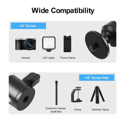 PULUZ Metal Tripod Ball Head Adapter for Camera Adjustments with Knob Lock showing 1/4" screw compatibility with camera, LED light, phone clamp and tripods