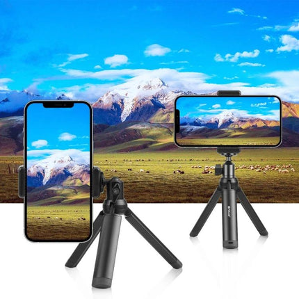 PULUZ Metal Tripod Ball Head Adapter for Camera Adjustments with Knob Lock mounted on mini tripod holding phones for landscape and travel photography