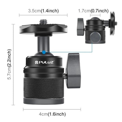 PULUZ Tripod Ball Head for Panoramic Camera Adjustments compact ball head with quick-release knob and dimensions shown