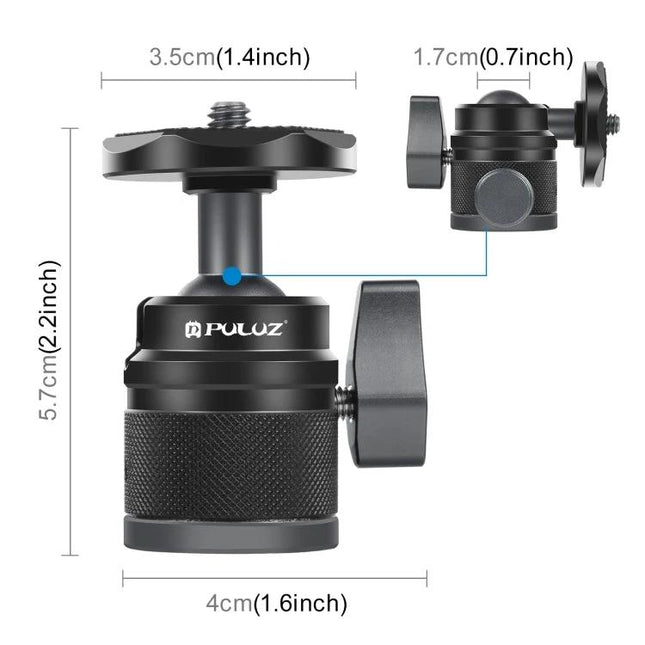 PULUZ Tripod Ball Head for Panoramic Camera Adjustments compact ball head with quick-release knob and dimensions shown
