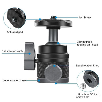 PULUZ Tripod Ball Head for Panoramic Camera Adjustments - compact 360° rotating ball head with quick-release knob and anti-skid pad for smooth panoramic shots
