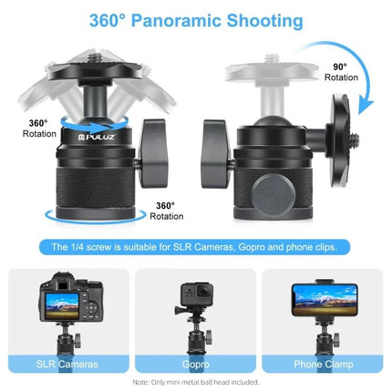 PULUZ Tripod Ball Head for Panoramic Camera Adjustments compact metal ball head showing 360° rotation, quick-release knob and 90° tilt for SLR, GoPro, phones