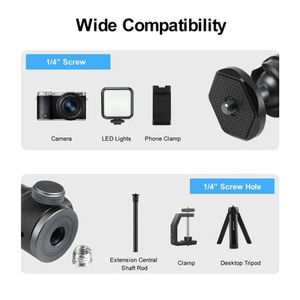 PULUZ Tripod Ball Head for Panoramic Camera Adjustments showing wide compatibility with 1/4″ screw for cameras LED lights phone clamps and tripods