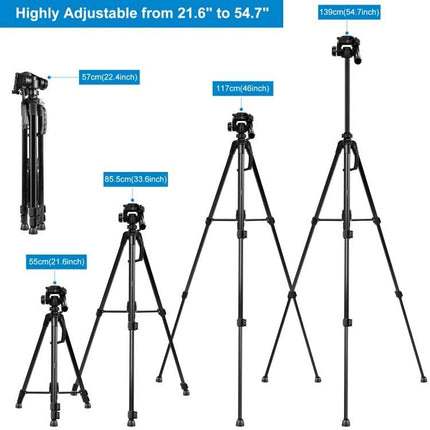 PULUZ Adjustable Aluminum Selfie Tripod with Height Extension showing collapsed and four extended height positions from 21.6" to 54.7" for travel and vlogging
