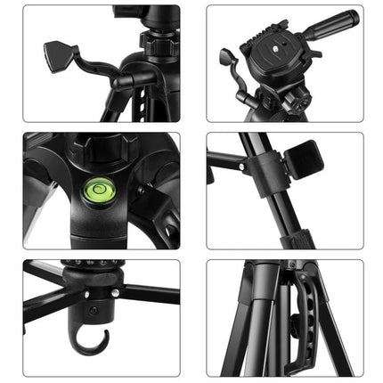 PULUZ Adjustable Aluminum Selfie Tripod with Height Extension showing close-up features: bubble level, phone clamp, handle, leg locks, hook, and tripod head