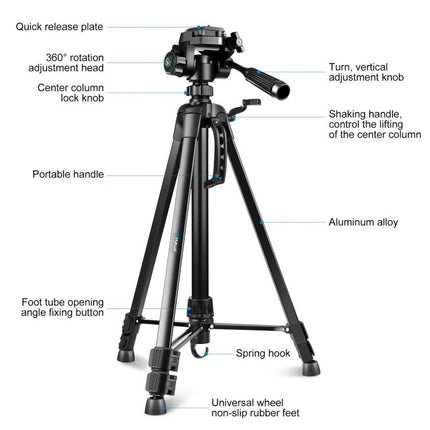 PULUZ Adjustable Aluminum Selfie Tripod with Height Extension showing labeled parts including 360° head, center column, quick release plate and rubber feet