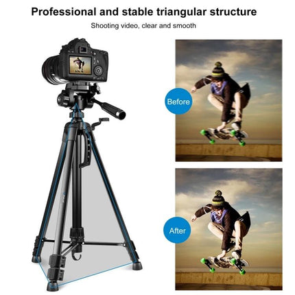 PULUZ Adjustable Aluminum Selfie Tripod with Height Extension showing stable triangular structure holding camera and before/after action shots