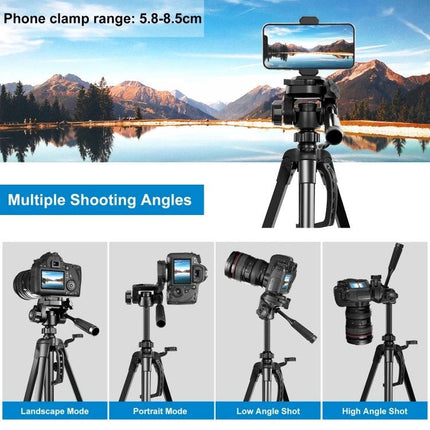 PULUZ Adjustable Aluminum Selfie Tripod with Height Extension holding phone and camera showing multiple shooting angles for travel vlogging