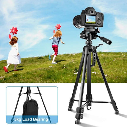 PULUZ Adjustable Aluminum Selfie Tripod with Height Extension showing camera on lightweight aluminum tripod for travel vlogging and 360° panoramas