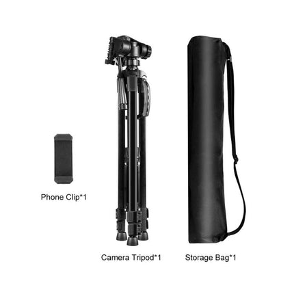 PULUZ Adjustable Aluminum Selfie Tripod with Height Extension folded with phone clip and black storage bag, lightweight aluminum travel tripod