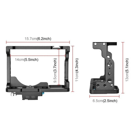 PULUZ Protective Camera Cage for Nikon Z6 and Z7 Video Use shown with dimensions and side view mounting holes