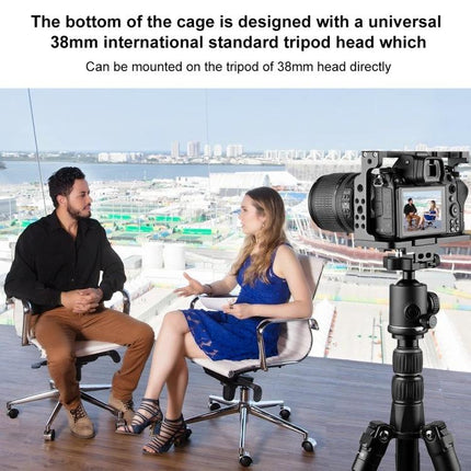 PULUZ Protective Camera Cage for Nikon Z6 and Z7 Video Use mounted on tripod filming two people in interview setup